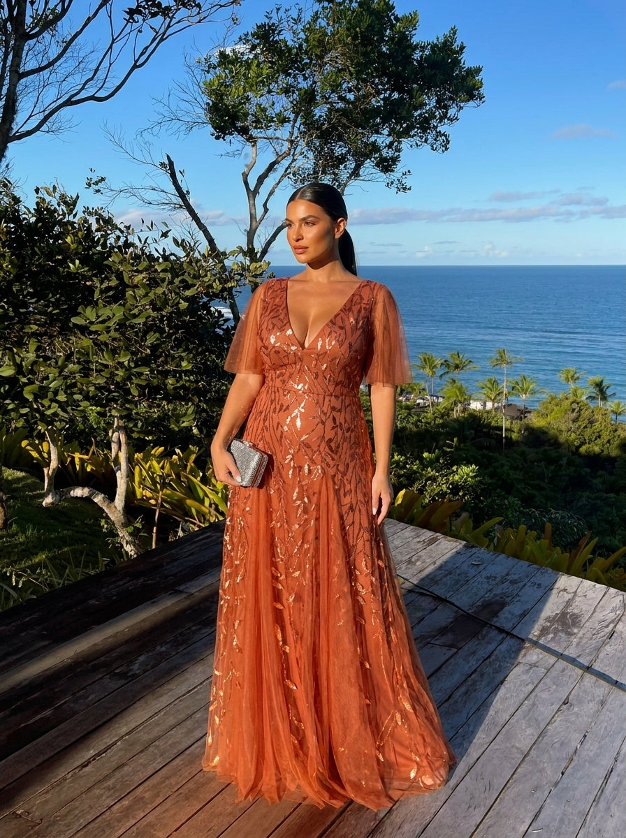 Sequin Shimmery Ruffle Sleeves Maxi Evening Dress