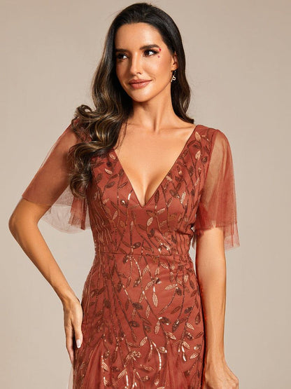 Sequin Shimmery Ruffle Sleeves Maxi Evening Dress