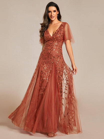 Sequin Shimmery Ruffle Sleeves Maxi Evening Dress