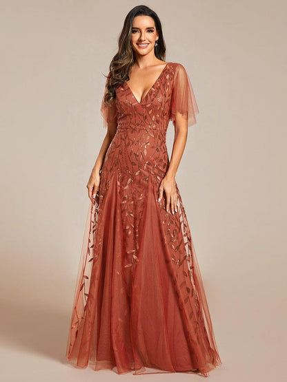 Sequin Shimmery Ruffle Sleeves Maxi Evening Dress