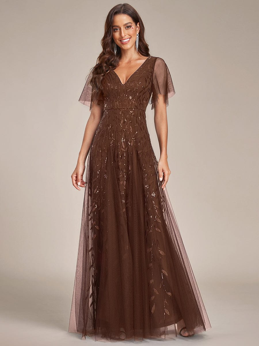Sequin Shimmery Ruffle Sleeves Maxi Evening Dress — Brown