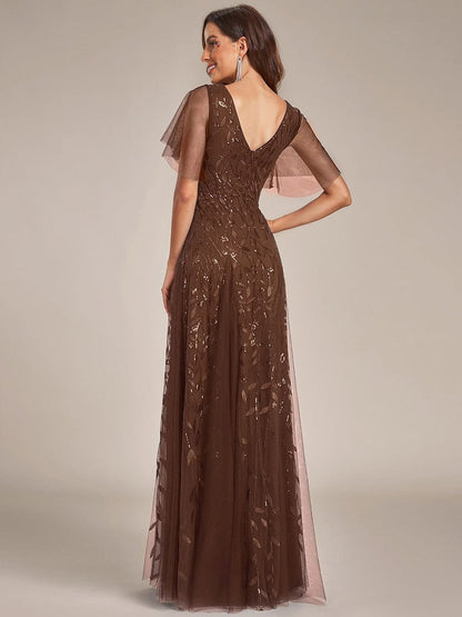 Sequin Shimmery Ruffle Sleeves Maxi Evening Dress