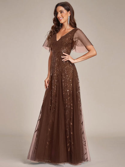 Sequin Shimmery Ruffle Sleeves Maxi Evening Dress