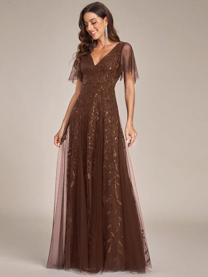 Sequin Shimmery Ruffle Sleeves Maxi Evening Dress