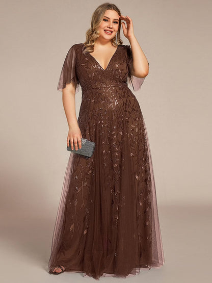 Sequin Shimmery Ruffle Sleeves Maxi Evening Dress