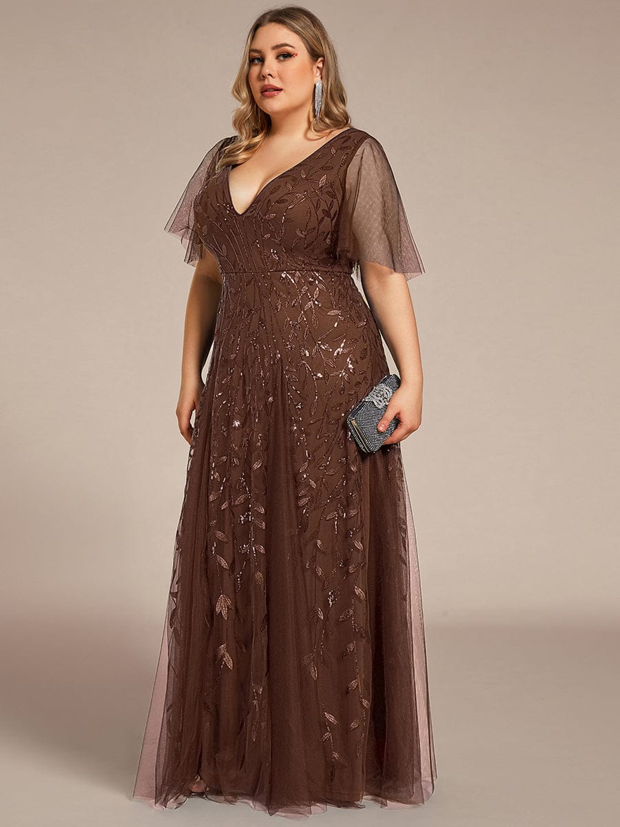 Sequin Shimmery Ruffle Sleeves Maxi Evening Dress