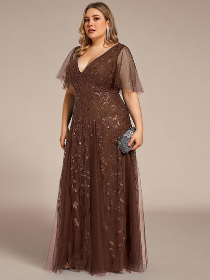 Sequin Shimmery Ruffle Sleeves Maxi Evening Dress