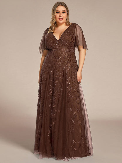 Sequin Shimmery Ruffle Sleeves Maxi Evening Dress