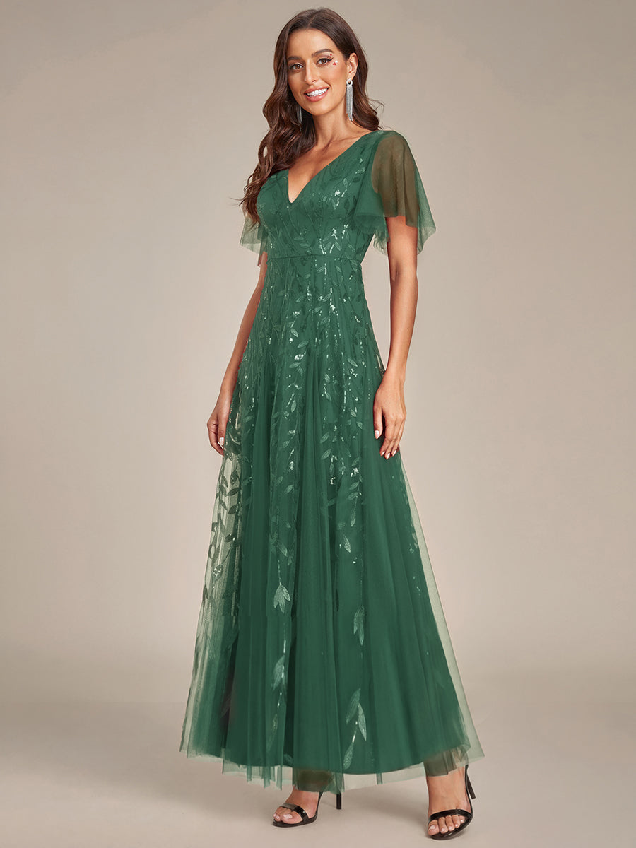 Sequin Shimmery Ruffle Sleeves Maxi Evening Dress — Eucalyptus