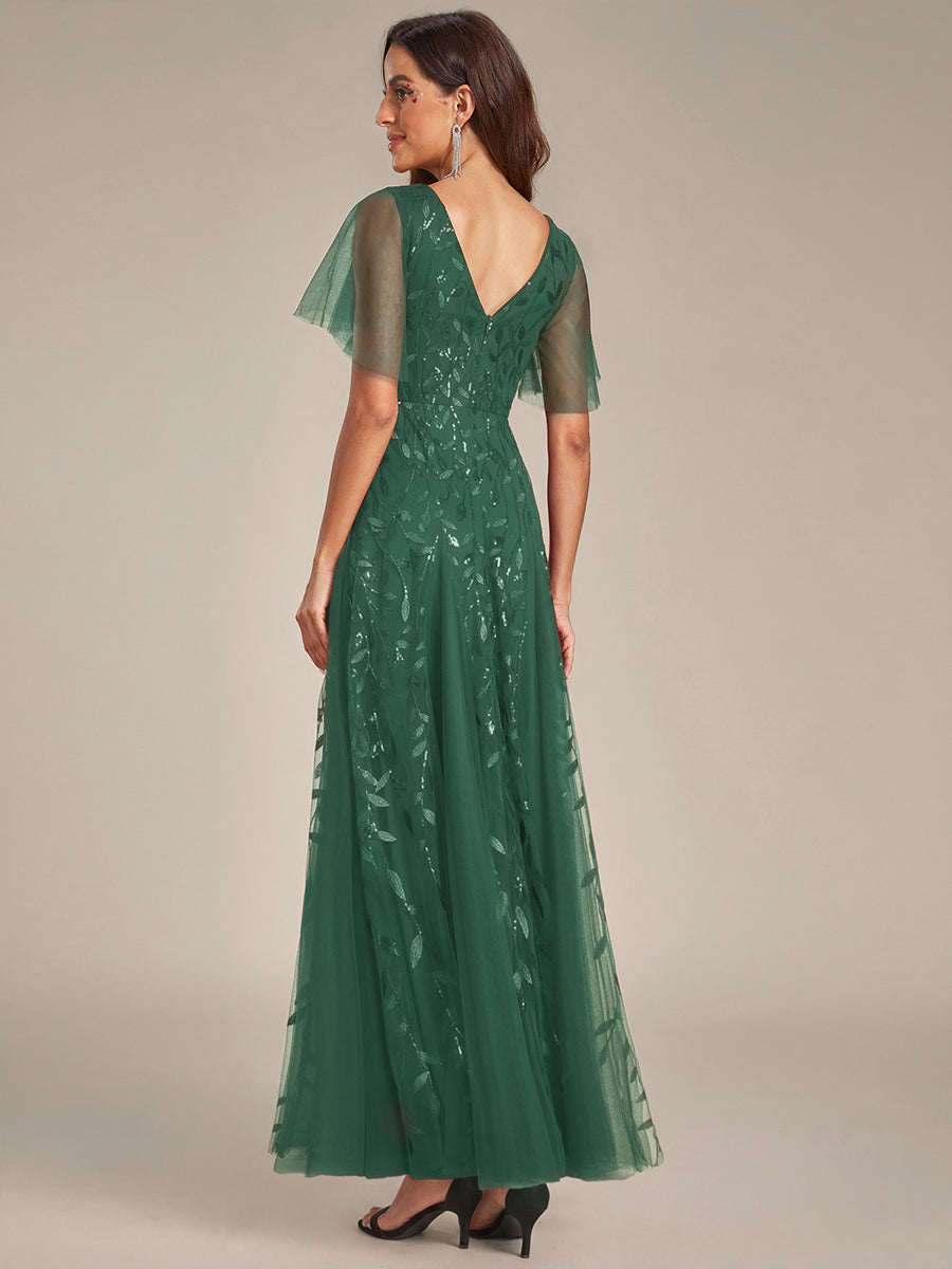 Sequin Shimmery Ruffle Sleeves Maxi Evening Dress