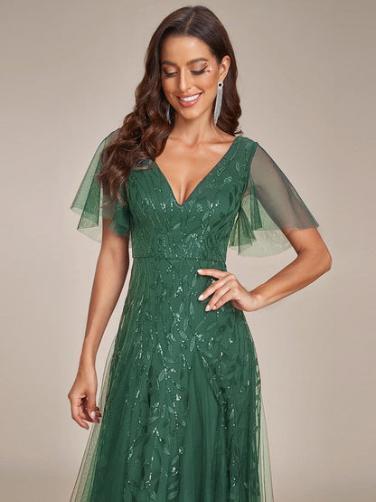 Sequin Shimmery Ruffle Sleeves Maxi Evening Dress