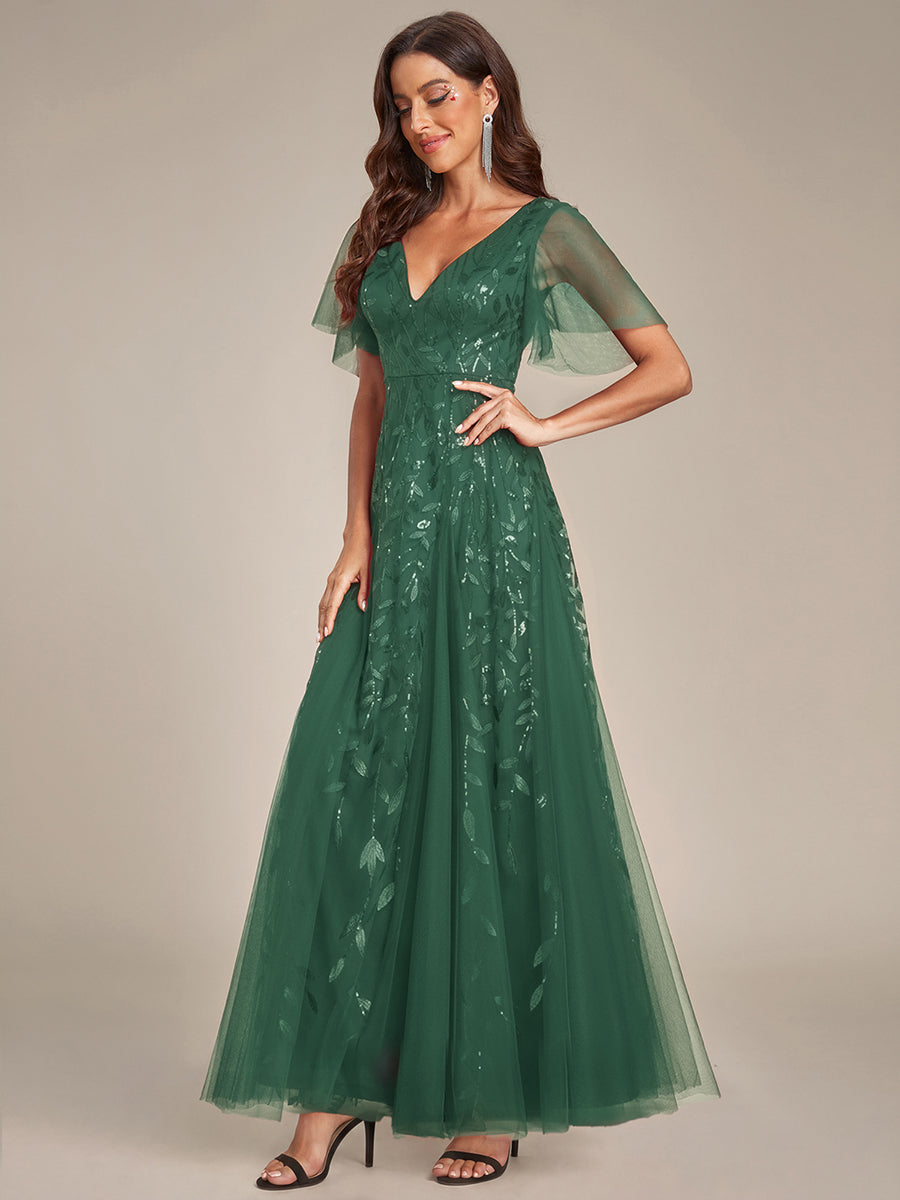 Sequin Shimmery Ruffle Sleeves Maxi Evening Dress