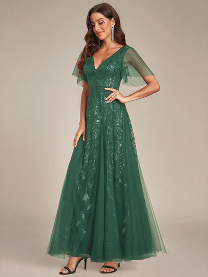 Sequin Shimmery Ruffle Sleeves Maxi Evening Dress