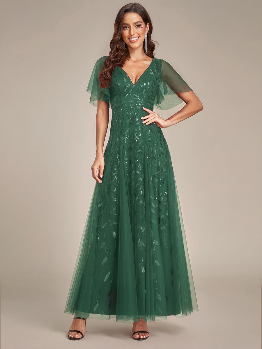 Sequin Shimmery Ruffle Sleeves Maxi Evening Dress