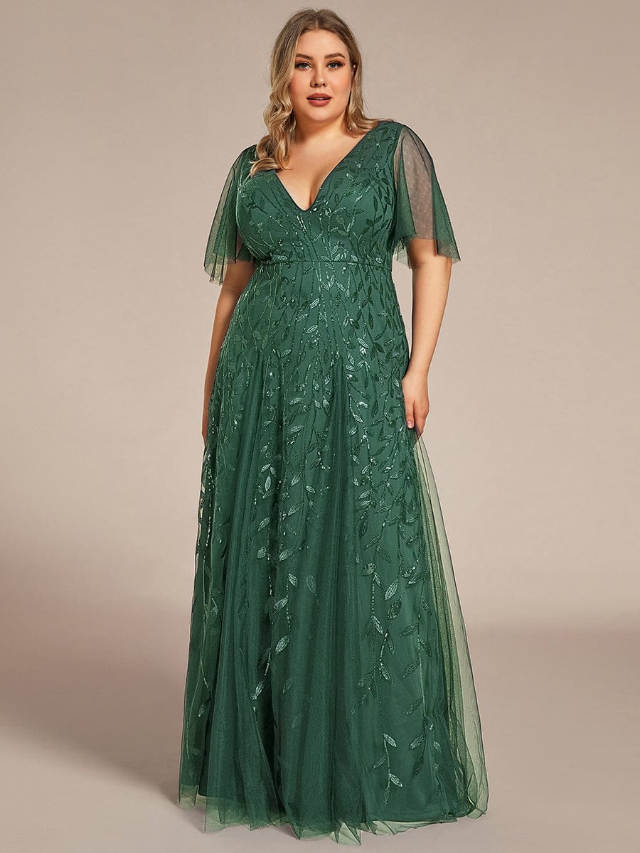 Sequin Shimmery Ruffle Sleeves Maxi Evening Dress