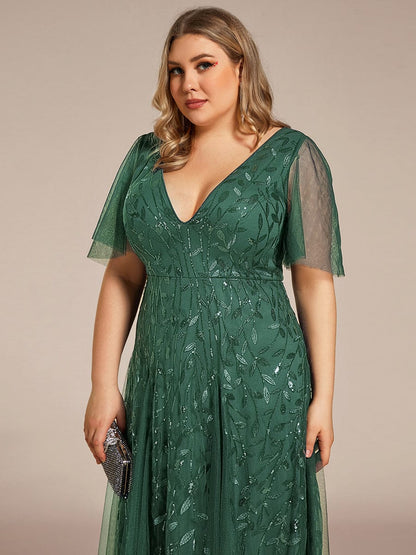 Sequin Shimmery Ruffle Sleeves Maxi Evening Dress