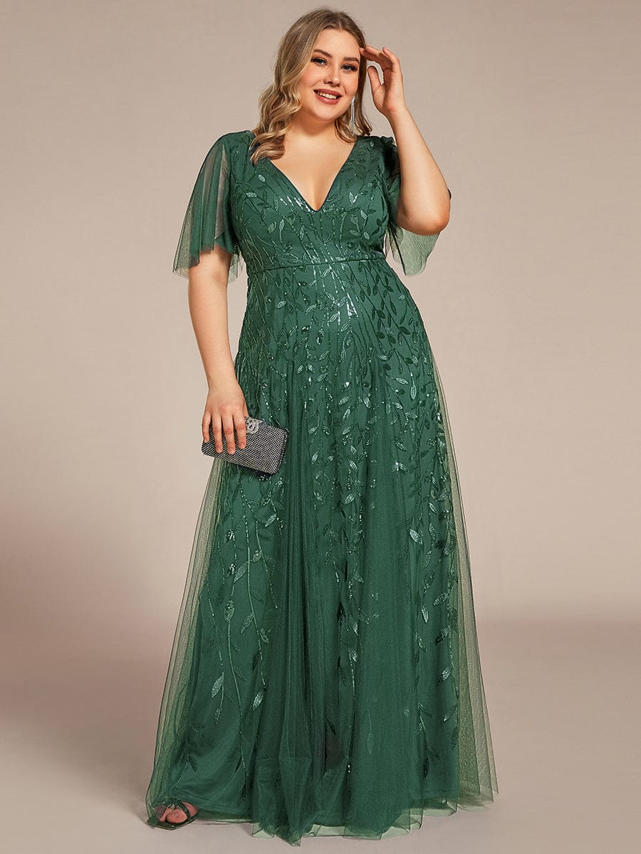 Sequin Shimmery Ruffle Sleeves Maxi Evening Dress