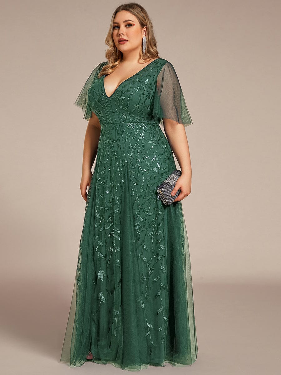 Sequin Shimmery Ruffle Sleeves Maxi Evening Dress