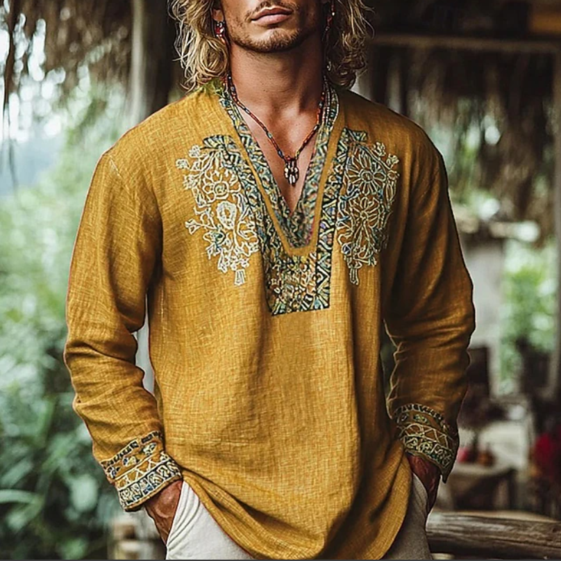 Aurelio | Casual Embroidered Resort Shirt — Yellow — Alfa Empire, view 4