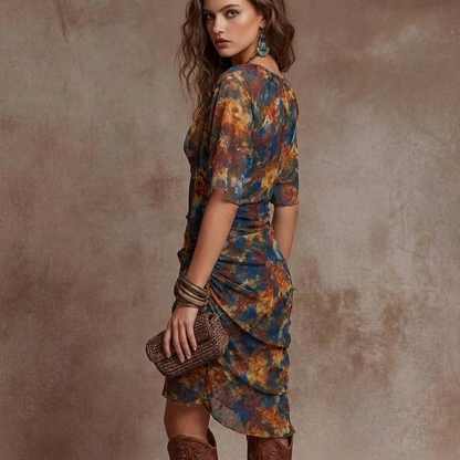 Aveline | Abstract Print Wrap V-Neck Ruched Midi Dress — Alfa Empire, view 3