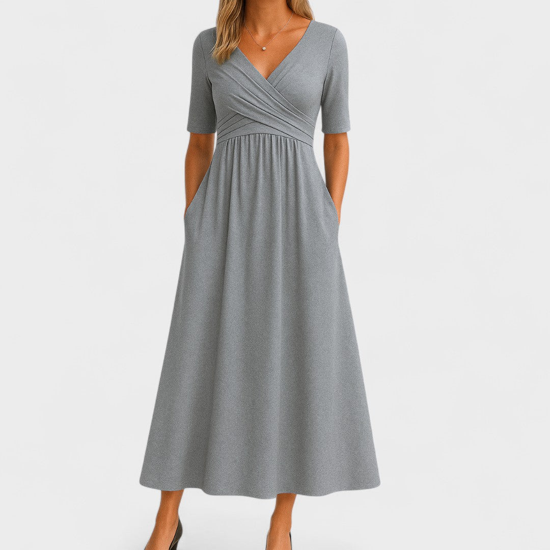 Belinda | Casual V-Neck Midi Dress — Gray — Alfa Empire, view 1