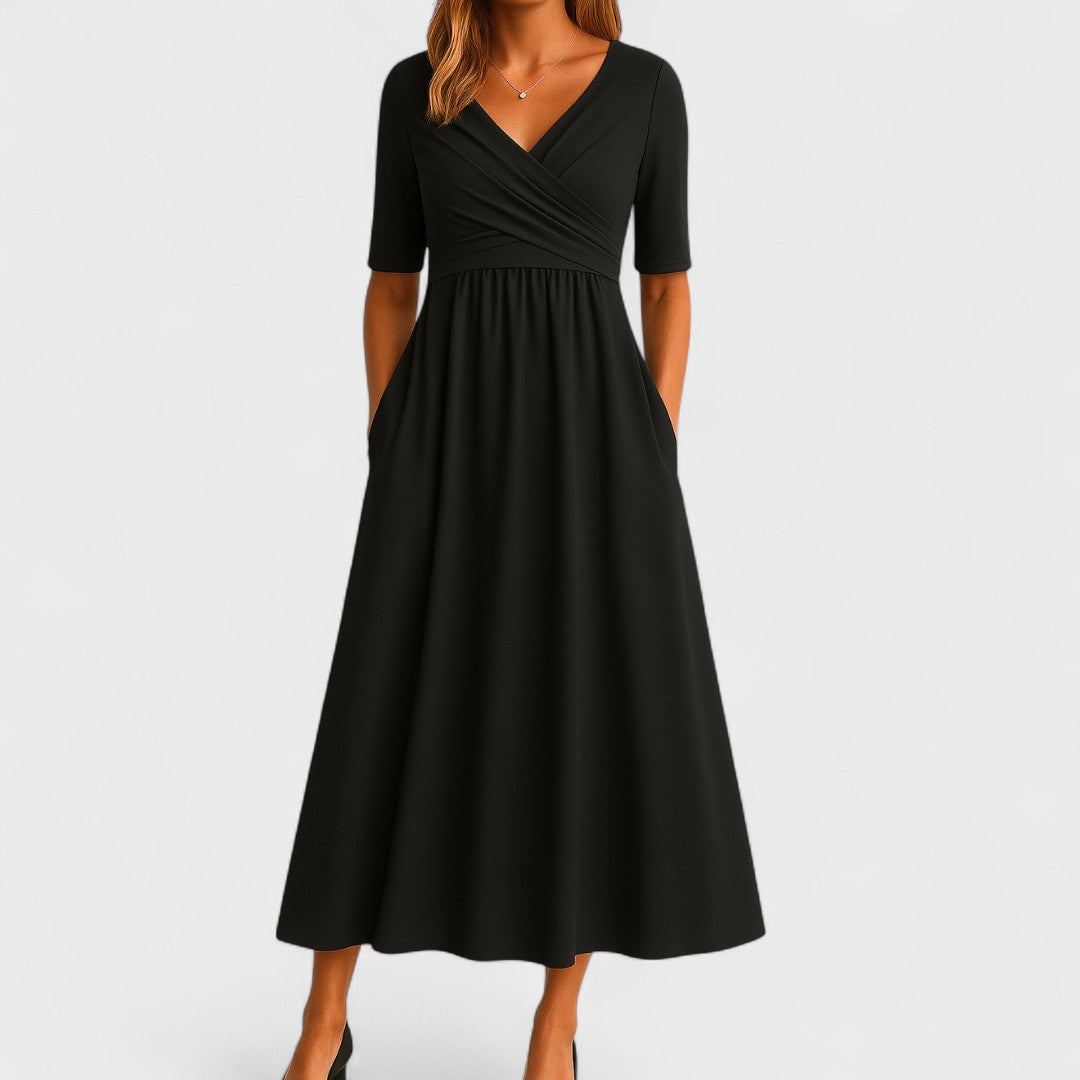 Belinda | Casual V-Neck Midi Dress — Black — Alfa Empire, view 2