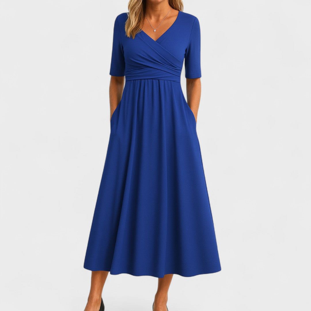 Belinda | Casual V-Neck Midi Dress — Blue — Alfa Empire, view 3