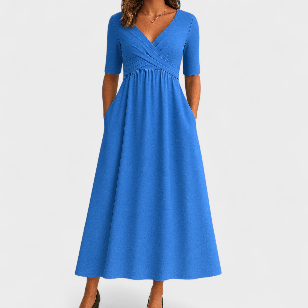 Belinda | Casual V-Neck Midi Dress — Light Blue — Alfa Empire, view 4