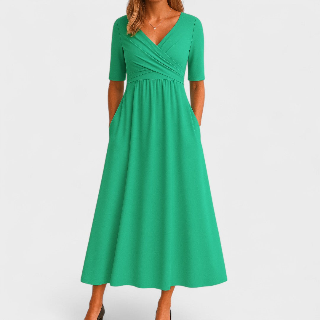 Belinda | Casual V-Neck Midi Dress — Green — Alfa Empire, view 5