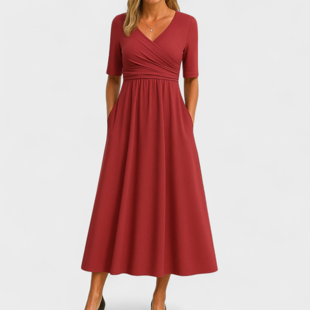 Belinda | Casual V-Neck Midi Dress — Red — Alfa Empire, view 6