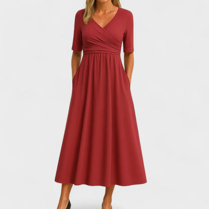 Belinda | Casual V-Neck Midi Dress — Red — Alfa Empire, view 6