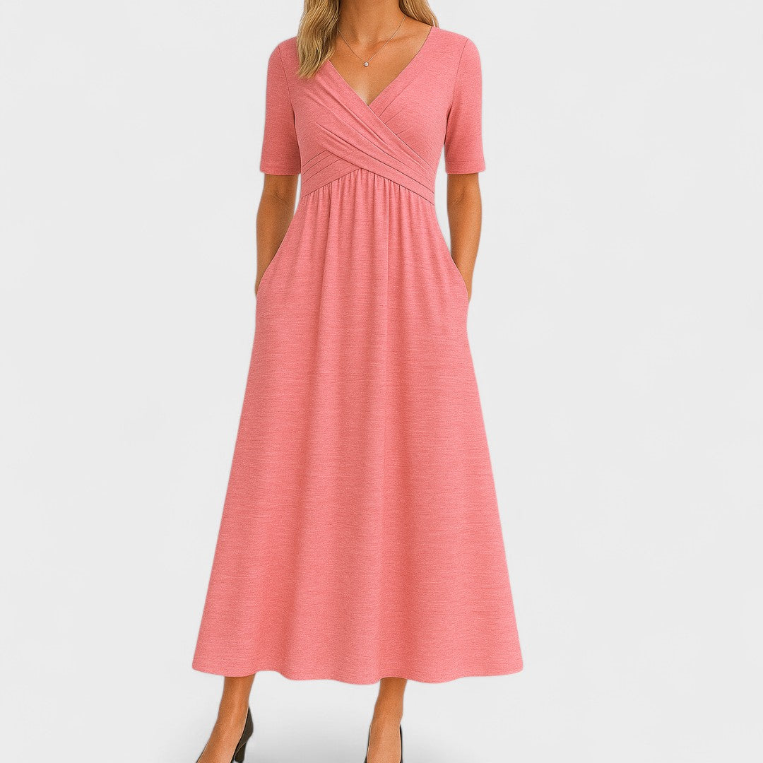 Belinda | Casual V-Neck Midi Dress — Pink — Alfa Empire, view 7
