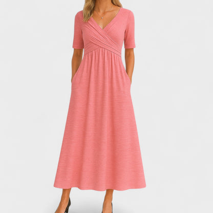 Belinda | Casual V-Neck Midi Dress — Pink — Alfa Empire, view 7