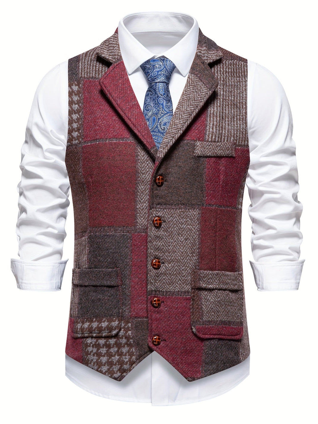 Benedict | Patchwork Vest with Herringbone Pattern — Red — Alfa Empire, view 1