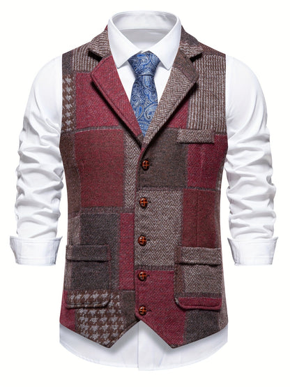 Benedict | Patchwork Vest with Herringbone Pattern — Red — Alfa Empire, view 1