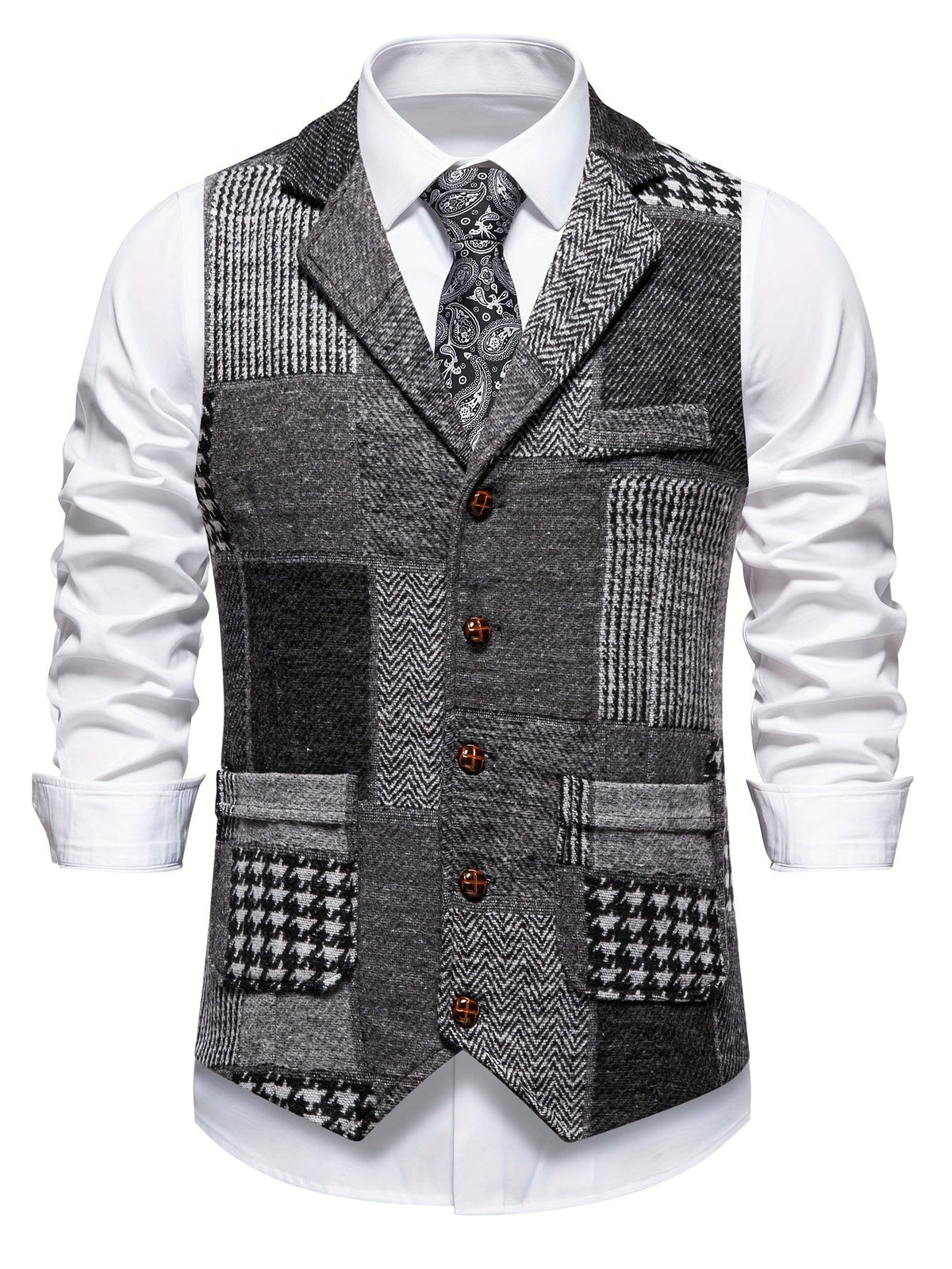 Benedict | Patchwork Vest with Herringbone Pattern — Grey — Alfa Empire, view 2