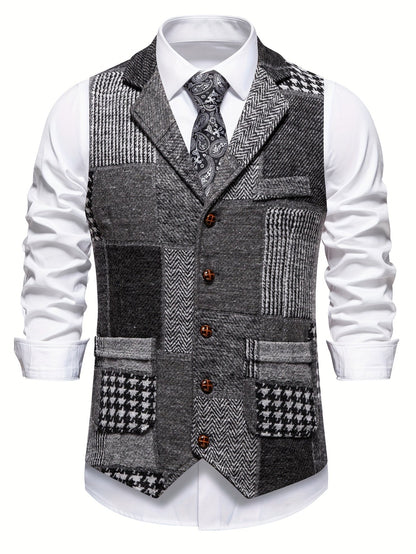 Benedict | Patchwork Vest with Herringbone Pattern — Grey — Alfa Empire, view 2