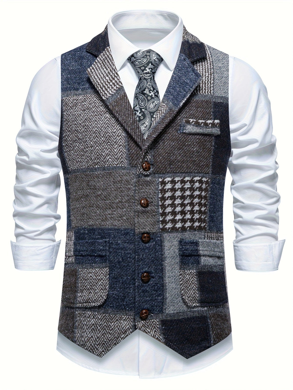 Benedict | Patchwork Vest with Herringbone Pattern — Blue — Alfa Empire, view 3