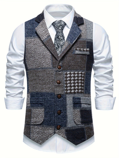Benedict | Patchwork Vest with Herringbone Pattern — Blue — Alfa Empire, view 3