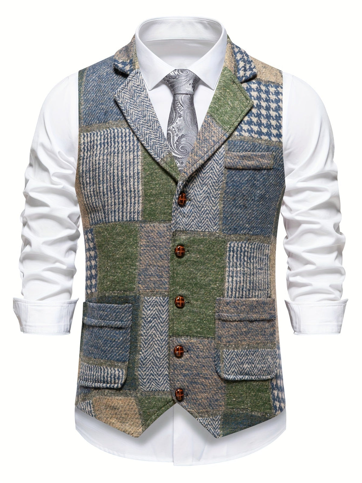 Benedict | Patchwork Vest with Herringbone Pattern — Green — Alfa Empire, view 4