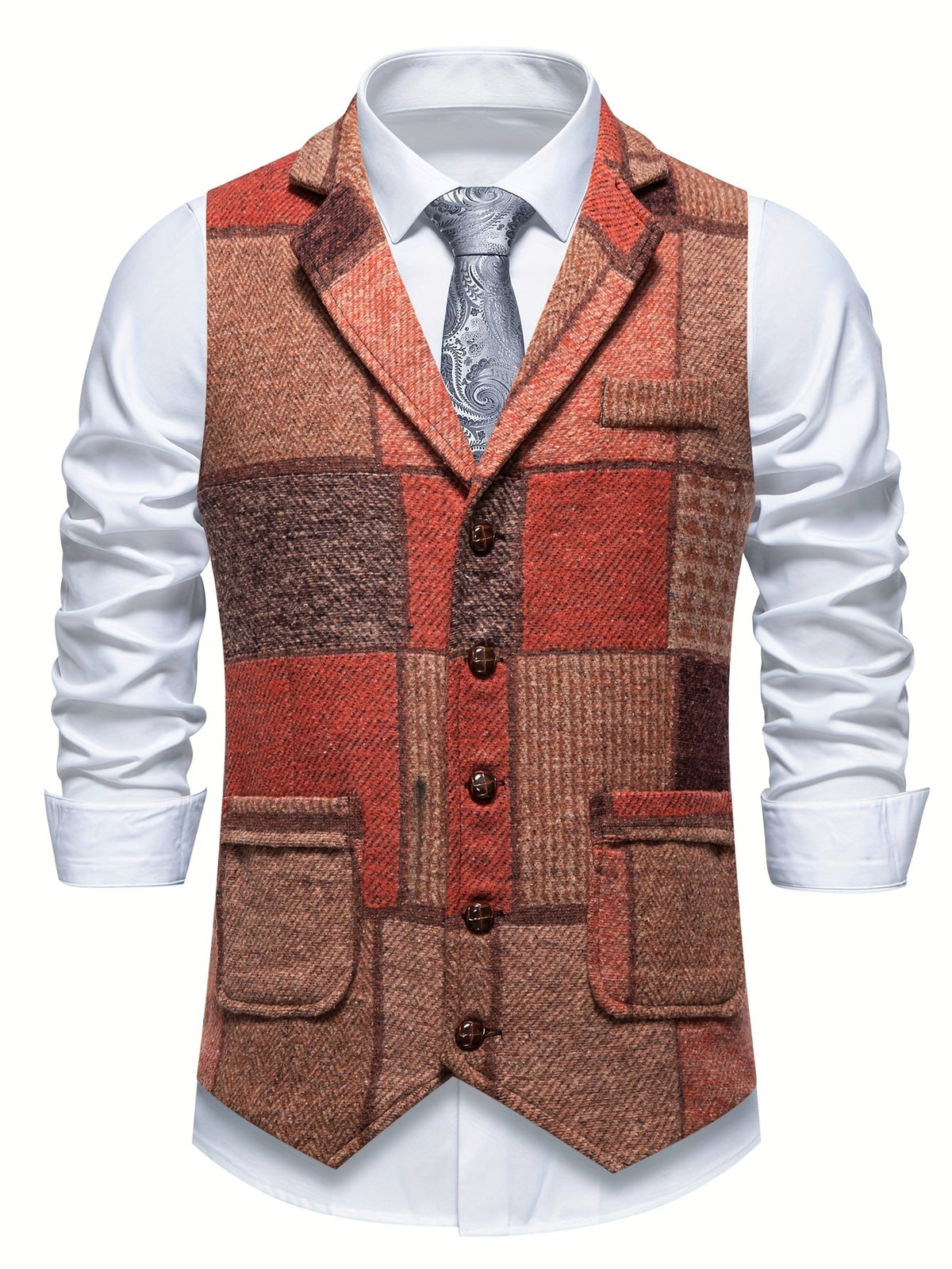 Benedict | Patchwork Vest with Herringbone Pattern — Orange — Alfa Empire, view 5