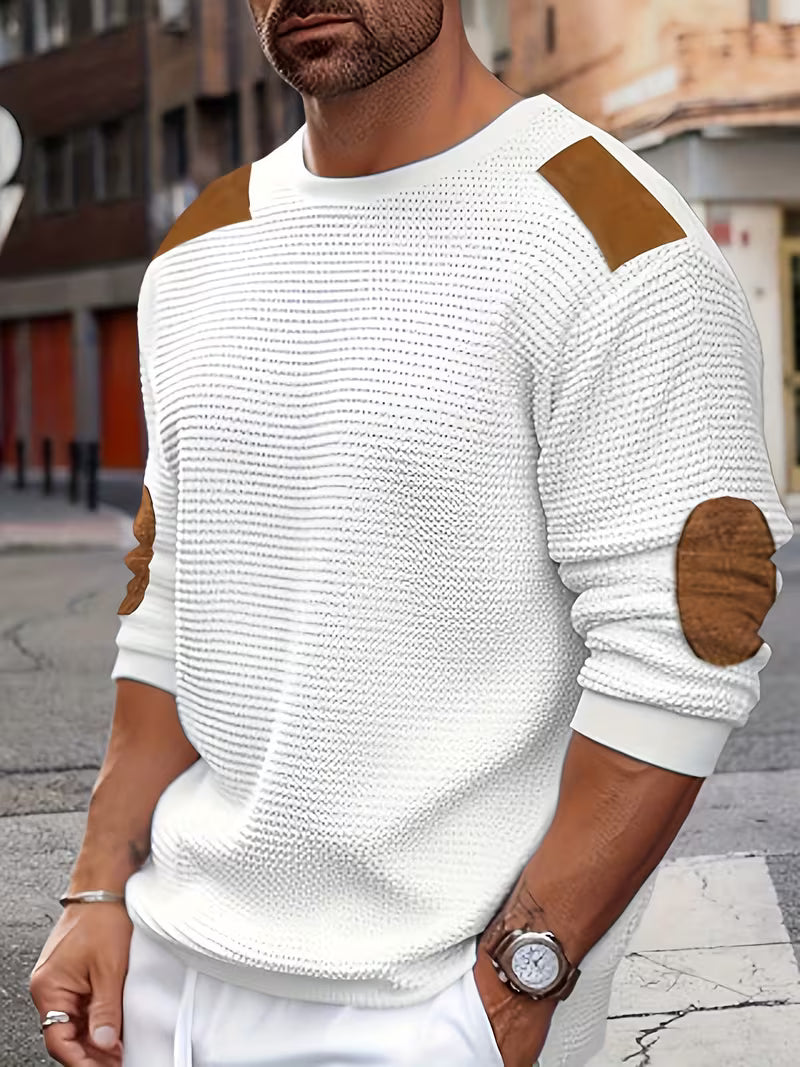 Bennett | Casual Patch Waffle Knit Sweatshirt — White — Alfa Empire, view 1