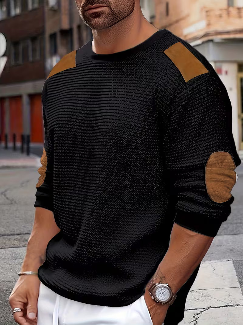Bennett | Casual Patch Waffle Knit Sweatshirt — Black — Alfa Empire, view 2