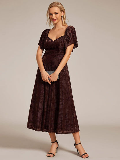 Velvet Stretchy Short Sleeve Tea Length Wedding Guest Dress — Coffee