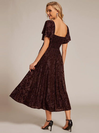 Velvet Stretchy Short Sleeve Tea Length Wedding Guest Dress