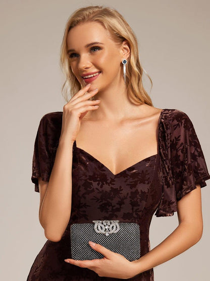 Velvet Stretchy Short Sleeve Tea Length Wedding Guest Dress