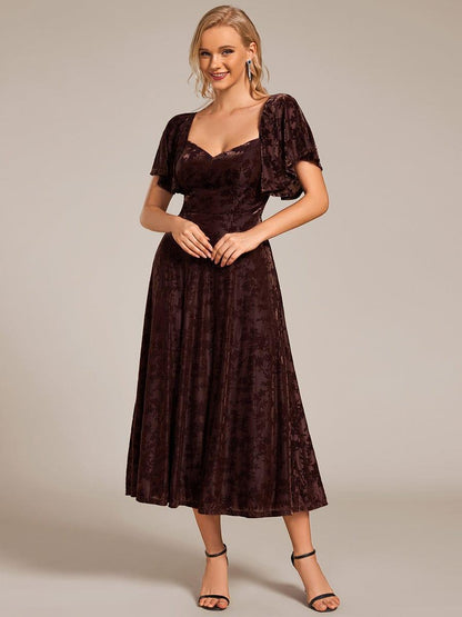 Velvet Stretchy Short Sleeve Tea Length Wedding Guest Dress