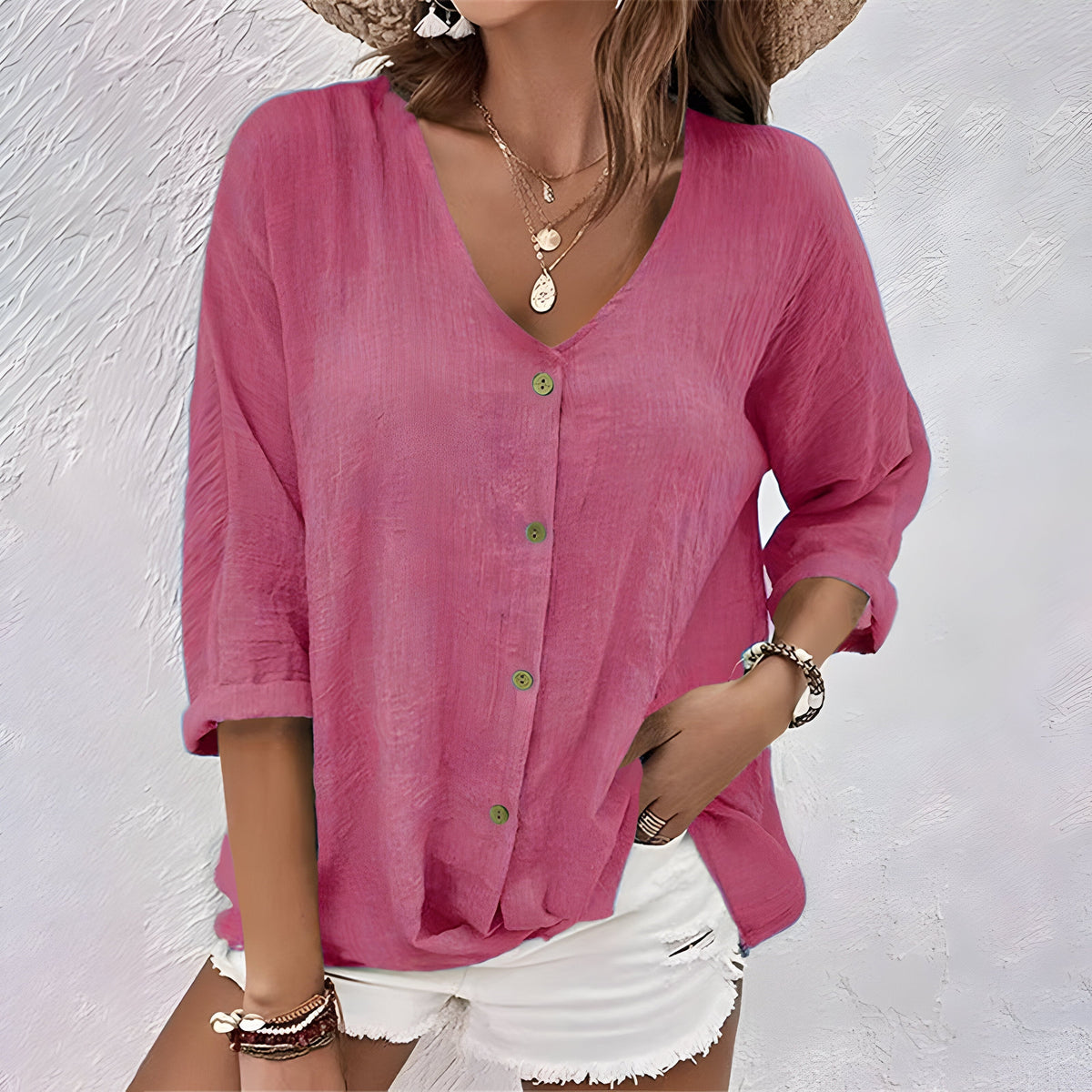 Bonnie | Casual Relaxed Button-Up Blouse — Pink — Alfa Empire, view 5
