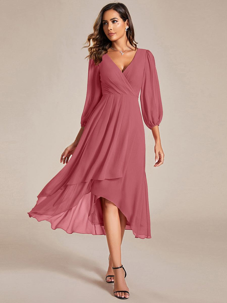 Chiffon See-Through 3/4 Sleeves V-Neck A-Line Wedding Guest Dress — Cameo Brown