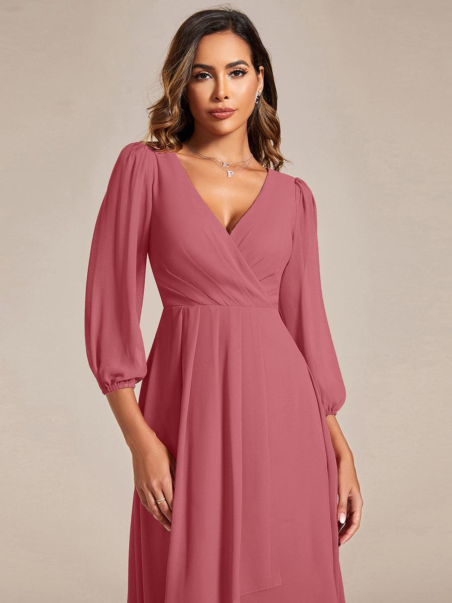 Chiffon See-Through 3/4 Sleeves V-Neck A-Line Wedding Guest Dress